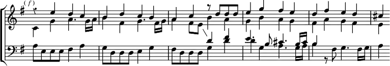 \new ChoirStaff << \override Score.BarNumber #'break-visibility = #'#(#f #f #f) \override Score.TimeSignature #'stencil = ##f \override Score.Rest #'style = #'classical
\new Staff = "up" \relative e'' { \key g \major \time 4/4 \mark \markup \tiny { (\italic"f") } <<
{ r4 e d c | b d c b | a c r8 d d d |
e4 g fis e | d fis e d | cis } \\
{ s1 s s2 b4 a | g b a g | fis a g fis | e } >> }
\new Staff = "down" \relative c' { \clef bass \key g \major <<
{ \change Staff = "up" \stemDown c4 g' a4. g16 a |
b4 fis g4. fis16 g | \showStaffSwitch
a4 fis8 e \change Staff = "down" \stemUp d4 fis |
e4. b8 cis4. b16 cis | b4 } \\
{ a8 e e e fis4 a | g8 d d d e4 g | fis8 d d d g4 d' |
d g, a4. g16 a | b4 r8 fis g4. fis16 g | a4 } >> } >>