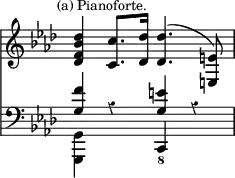 { << \new Staff \relative d' { \override Score.Rest #'style = #'classical \override Score.TimeSignature #'stencil = ##f \key f \minor \mark \markup \small "(a) Pianoforte."
  <des f bes des>4 <c c'>8. <des des'>16 q4.^( <e e,>8) }
\new Staff \relative g { \clef bass \key f \minor
 << { <g f'>4 r <g e'> r } \\ { <g, g,> s \stemUp c,_8 } >> } >> }