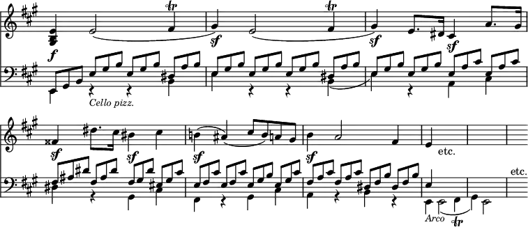 { << \new Staff \relative e' { \override Score.TimeSignature #'stencil = ##f \key a \major \override Score.BarNumber #'break-visibility = #'#(#f #f #f)
  <e b gis>4\f e2( fis4\trill | gis4)\sf e2( fis4\trill | %eol1
  gis4)\sf e8. dis16 cis4\sf a'8. gis16 |
  fisis4\sf dis'8. cis16 bis4\sf cis | %end line 2
  b!4(\sf ais)( cis8 b) a gis | b4\sf a2 fis4 | %end line 3
  e4 s_"etc." s2 | s1 | s4 }
\new Staff \relative e, { \clef bass \key a \major
 << { \override TupletNumber #'stencil = ##f
      \tuplet 3/2 4 { e8 gis b e gis b e, gis b dis, a' b |
      e, gis b e, gis b e, gis b dis, a' b | %end line 1
      e, gis b e, gis b e, a cis e, a cis |
      fis, ais dis fis, ais dis fis, gis dis' eis, gis cis | %eol2
      e, fis cis' e, fis cis' e, gis b e, gis cis |
      fis, a cis fis, a cis dis, fis b dis, fis b } | %eol3
      e,4 } \\
    { e,4 r_\markup \small \italic "Cello pizz." r b' | e r r b_( %1
      e) r a, cis | dis r gis, cis | %end line 2
      fis, r gis cis | a r b r | %end line 3
      e,4_\markup \small \italic "Arco" e2_( fis4\trill |
      gis4) e2 s4 | s^"etc." } >> } >> }