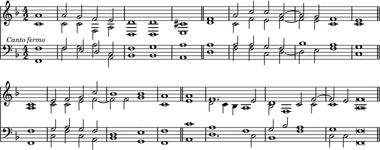 { \time 4/2 \key f \major \partial 1 << \relative a' << { a1 a2 g f e d1 d cis \bar "||" f a2 c c a ~ a g f1 e \bar "||" \break c e2 f g c bes1 bes a \bar "||" a f1. e2 d1 c2 f ~ f e f\breve*1/2 \bar "||" } \\ { c1 c2 c f, a d,1 d e d' | c2 f e f ~ f e c1 c a | c2 c e f ~ f f g1 c, e | d2 c4 bes a1 bes2 f1 c'2 c1 a\breve*1/2 } >>
\new Staff { \clef bass \key f \major \relative f << { f1^\markup { \halign #0.5 \smaller \italic "Canto fermo" } f2 e d c f1 g a a | a2 a g f bes1 a g f | g2 a g f d1 e f c' | a f g2 bes a1 g f\breve*1/2 } \\ { f,1 f'2 g a a, bes1 bes a d | f2 f c d ~ d e f1 c f, | c'2 f c a bes1 g f a | d1. c2 bes1 f' c2 c f,\breve*1/2 } >> } >> }