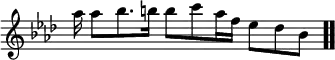 \relative c''' { \override Score.TimeSignature #'stencil = ##f \time 5/4 \key aes \major \autoBeamOff aes16 aes8[bes8. b16] b8[c aes16 f] ees8[des bes] \bar ".." }