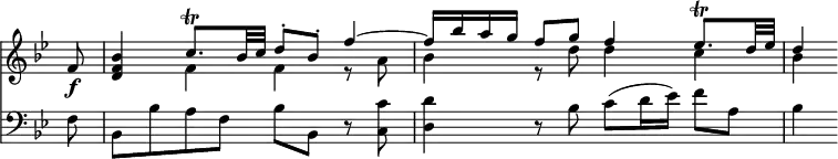 { << \new Staff \relative f' { \key bes \major \override Score.TimeSignature #'stencil = ##f \partial 8
  f8\f | <bes f d>4
  << { c8.\trill bes32 c d8-. bes-. f'4 ^~ |
       f16 bes a g f8 g f4 ees8.\trill d32 ees | d4 } \\
     { f,4 f r8 a | bes4 r8 d d4 c | bes } >> }
\new Staff \relative f { \clef bass \key bes \major
  f8 | bes, bes' a f bes8 bes,r <c c'>8 |
  <d d'>4 r8 bes' c( d16 ees) f8 a, | bes4 } >> }