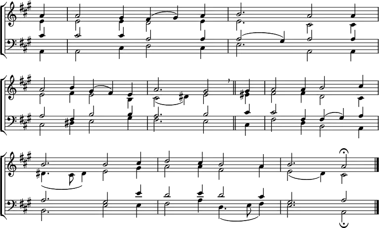 
\new ChoirStaff <<
  \new Staff { \clef treble \time 6/4 \key a \major \partial 4 \set Staff.midiInstrument = "church organ" \omit Staff.TimeSignature \set Score.tempoHideNote = ##t \override Score.BarNumber  #'transparent = ##t 
  \relative c''
  << { a4 a2 gis4 fis( gis) a | b2. a2 a4 \break
       a2 b4 gis4( fis) e | a2. gis2 \breathe \bar"||" gis4 | a2 a4 b2 cis4 \break
       b2. b2 cis4 | d2 cis4 b2 a4 | b2. a2 \fermata \bar"|." } \\
  { e4 | e2 e4 d2 e4 | e2. cis2 cis4 |
    e2 fis4 e2 b4 | cis2( dis4) e2 eis4 | fis2 fis4 d2 cis4 |
    dis4.( cis8 dis4) e2 gis4 | a2 a4 fis2 a4 | e2( d4) cis2 } >>
  } 
\new Staff { \clef bass \key a \major \set Staff.midiInstrument = "church organ" \omit Staff.TimeSignature  
  \relative c'
  << { cis4 | cis2 cis4 a2 a4 | a2( gis4) a2 a4 |
       a2 fis4 b2 b4 | a2. b2 cis4 | cis2 fis,4 fis( gis) a |
       a2. gis2 e'4 | d2 e4 d2 cis4 | gis2. a2 } \\
  { a,4 | a2 cis4 d2 cis4 | e2. a,2 a4 |
    cis2 dis4 e2 gis4 | fis2. e2 cis4 | fis2 d4 b2 a4 |
    b2. e2 e4 | fis2 a4 d,4.( e8 fis4) | e2. a,2 \fermata } >>
  } 
>>
\layout { indent = #0 }
\midi { \tempo 4 = 120 }
