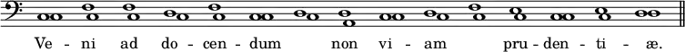 { \override Score.TimeSignature #'stencil = ##f \time 15/1 \clef bass << \new Voice = "CF" { c1 f f d f c d d c d f e c e d \bar "||" } \new Voice { \shiftOn c1 \shiftOff c c c c \shiftOn c \shiftOff c a, \shiftOn c \shiftOff c c c \shiftOn c \shiftOff c \shiftOn d } \new Lyrics \lyricsto "CF" { Ve -- ni ad do -- cen -- dum _ non vi -- am _ pru -- den -- ti -- æ. } >> }