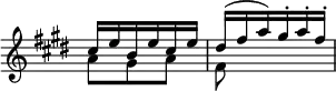 { \override Score.TimeSignature #'stencil = ##f \time 3/8 \key e \major \relative c'' << { cis16 e b e cis e | dis( fis a) gis-. a-. fis-. | } \\ { a,8 gis a | fis } >> }