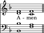 
<< <<
\new Staff { \clef treble \time 4/2 \key f \major \set Staff.midiInstrument = "church organ" \omit Staff.TimeSignature
  \relative c' { << { f1 f \bar"||" } \\ { d c } >> }
}
\new Lyrics \lyricmode { A -- men }
\new Staff { \clef bass \key f \major \set Staff.midiInstrument = "church organ" \omit Staff.TimeSignature
  \relative c' { << { bes1 a } \\ { bes,1 f' } >> }
}
>> >>
\layout { indent = #0 }
\midi { \tempo 2 = 72 }
