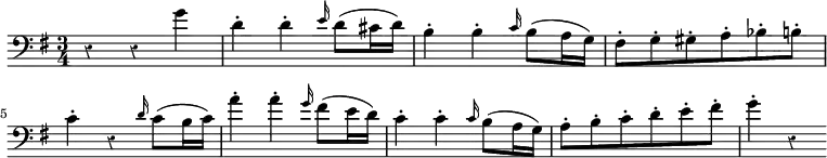 { \override Score.Rest #'style = #'classical \time 3/4 \key g \major \clef bass \relative g' { r4 r g | d-. d-. \grace e16 d8( cis16 d) | b4-. b-. \grace c16 b8( a16 g) | fis8-. g-. gis-. a-. bes-. b-. | c4-. r \grace d16 c8( b16 c) | a'4-. a-. \grace g16 fis8( e16 d) | c4-. c-. \grace c16 b8( a16 g) | a8-. b-. c-. d-. e-. fis-. | g4-. r } }