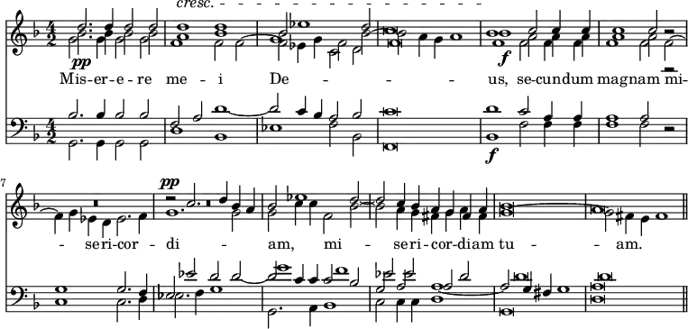 {  <<  \new Staff << \time 4/2 \key d \minor \new Voice { \relative d'' { \stemUp d2. d4 d2 d | d1^\cresc d | bes2 ees1 d2 |
  c\breve | bes1\! c2 c4 c | c1 c2 r |
  R\breve | r2^\pp c2. d4 bes a | bes2 ees1 d2 ~ |
  d c4 bes a g fis a | bes\breve | a \bar "||" } }
\new Voice { \relative bes' { \stemDown bes2.\pp bes4 bes 2 bes | a1 f2 f ~ | f ees4 g f2 bes ~ |
  bes a4 g a1 | bes\f a2 a4 a | a1 a2 r |
  R\breve | R\breve } }
\new Voice = "Altus" { \relative g' { \stemDown g2. g4 g2 g | f1 bes | g1 c,2 d |
  f\breve | f1 f2 f4 f | f1 f2 f ~ |
  f4 g ees d ees2. f4 | g1. g2 | g2 c4 c f,2 bes ~ |
  bes a4 g fis g a fis | g\breve ~ | g2 fis4 e fis1 } }
>>
\new Lyrics \lyricsto "Altus" { Mis -- er -- e -- re me -- i De -- _ _ _ us, se -- cun -- dum mag -- nam mi -- _ se -- ri -- cor -- _ di -- _ am, _ _  mi -- _ se -- ri -- cor -- _ di -- am tu -- am. }
\new Staff { \clef bass \key d \minor << \new Voice { \relative b { \stemUp bes2. bes4 bes2 bes | f a d1 ~ | d2 c4 bes a2 bes |
  c\breve | d1 c2 a4 a | a1 a2 r |
  g1 g2. f4 | ees2 ees' d d ~ | d c4 c c2 bes |
  g a a1 ~ | a2 g4 fis g1 | a\breve } }
\new Voice { \relative e' { \stemUp s\breve*8 | g1 f | ees2 ees a, d | d\breve | d } }
\new Voice { \relative g, { \stemDown g2. g4 g2 g | d'1 bes | ees f2 bes, |
  f\breve | bes1\f f'2 f4 f | f1 f2 r |
  c1 c2. d4 | ees2. f4 g1 | g,2. a4 bes1 |
  c2 c4 c d1 | g,\breve | d' } } >> }
>> }