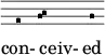 << \override Score.Clef #'stencil = ##f
    \new VaticanaVoice = "cantus" {
      g4 \[ a\melisma b\melismaEnd \] a
    }
    \new Lyrics \lyricsto "cantus" {
      con- ceiv-  ed
    }
  >>