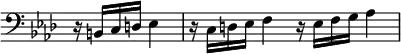 { \override Score.TimeSignature #'stencil = ##f \clef bass \key f \minor \partial 2 r16 b,[ c d] ees4 | r16 c d ees f4 r16 ees f g aes4 }