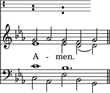 
<< <<
\new VaticanaVoice { \set Staff.midiInstrument = "voice oohs"
  << { b1 a } \\ { g1 e } >> }
\new ChoirStaff { \clef treble \time 5/2 \key es \major \set Staff.midiInstrument = "church organ" \omit Staff.TimeSignature
  \relative c'' {
  << { g2 aes g f g \bar"||" } \\ { es1 es2 d( d) } >> }
}
\new Lyrics \lyricmode {
A1 -- men.1.
}
\new Staff { \clef bass \key es \major \set Staff.midiInstrument = "church organ" \omit Staff.TimeSignature
  \relative c' {
  << { c1 bes1. } \\ { c,2 aes es' bes g } >> }
}
>> >>
\layout { indent = #0 }
\midi { \tempo 2 = 69 }
