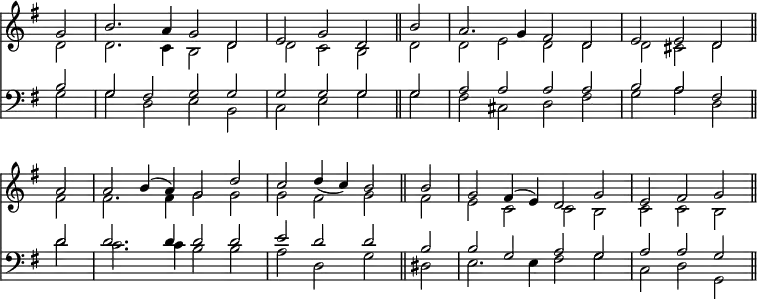 << \override Score.TimeSignature #'stencil = ##f \override Score.BarNumber #'break-visibility = #'#(#f #f #f) \new Staff { \key g \major \time 4/2 \partial 2 << \new Voice \relative g' { \stemUp g2 | b2. a4 g2 d | e g d \bar "||"
  b' | a2. g4 fis2 d | e e d \bar "||" \break
  a' | a b4^( a) g2 d' | c d4( c) b2 \bar "||"
  b | g2 fis4^( e) d2 g | e fis g \bar "||" }
\new Voice \relative d' { \stemDown d2| d2. c4 b2 d | d c b
  d | d e d d | d cis d
  fis | fis2. fis4 g2 g | g fis g fis | e c c b | c c b } >> }
\new Staff << \clef bass \key g \major \new Voice \relative b { \stemUp b2 | g fis g g | g g g g | a a a a | b a fis
  d' d2. d4 d2 d | e d d b | b g a g | a a g }
\new Voice \relative g { \stemDown g2 | g d e b | c e g
  g fis cis d fis | g a d,
  d' | c2. c4 b2 b | a d, g dis | e2. e4 fis2 g | c, d g, } >>
>>