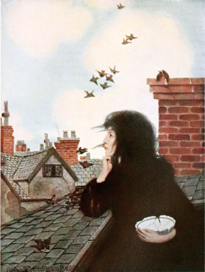 a girl on a roof-top, sparrows flying around her, other roof-tops in background