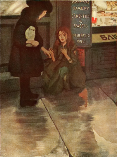 two girls outside a bakery shop, one sitting on the pavement