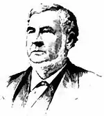 A line drawing of Davis' profile, dressed in a suit