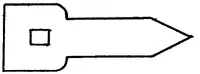 Outline of a shape. Square, witha square inner hole, at the left-hand side. Long rectangle with a point end on the right-hand side.