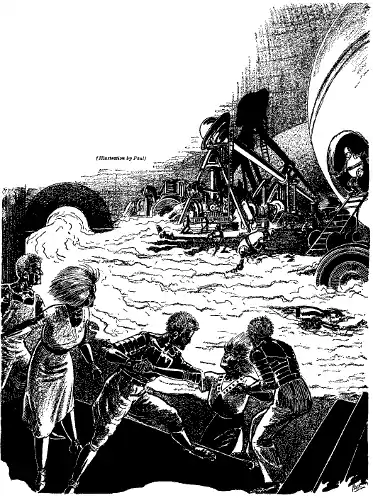 Behind them something fell with a crash; ape-men ran gibbering with fright.