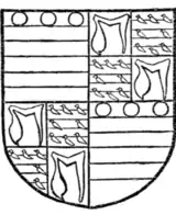 Fig. 122.—Arms of Edmund Grey, Earl of Kent (d. 1489): Quarterly, 1 and 4, barry of six, argent and azure, in chief three torteaux (for Grey); 2 and 3, Hastings and Valence sub-quarterly. (From his seal, 1442.)