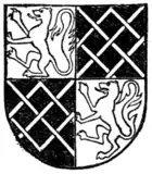 Fig. 240.—Arms of John Fitz Alan, Earl of Arundel (d. 1435): Quarterly, 1 and 4, gules, a lion rampant or (for Fitz Alan); 2 and 3, sable, fretty or (for Maltravers). (From his seal, c. 1432.)