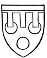 Fig. 246.—Arms of Hugh Courtenay, Earl of Devon (d. 1422): Or, three torteaux, a label azure. (From his seal.)