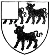 Fig. 378.—Armorial bearings of John Henry Metcalfe, Esq.: Argent, three calves passant sable, a canton gules.