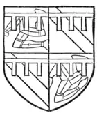 Fig. 692.—Arms of William Le Scrope, Earl of Wiltes (d. 1399): Quarterly, 1 and 4, the arms of the Isle of Man, a label argent; 2 and 3, azure, a bend or, a label gules. (From Willement's Roll, sixteenth century.)
