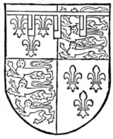 Fig. 726.—George Plantagenet, Duke of Clarence, brother of Edward IV.: France and England quarterly, a label of three points argent, each charged with a canton gules. (From MS. Harl. 521.)