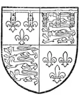 Fig. 727.—John, Duke of Bedford, third son of Henry IV.: France and England quarterly, a label of five points, the two dexter ermine, the three sinister azure, charged with three fleurs-de-lis or. (From MS. Add. 18,850.)