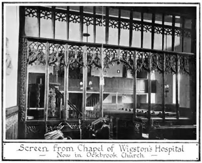 Photograph of hte Oak Screen from Wigstons Hospital Chapel, now in Ockbrook Church, Derbyshire