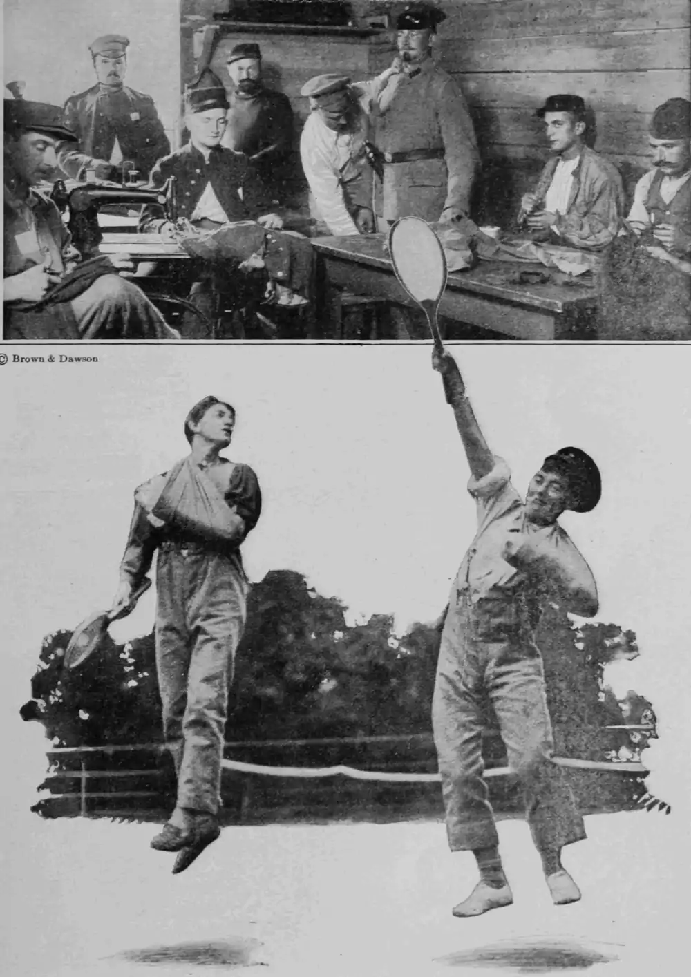 image of sporting wounded Tommies and above an image of Russion prisoners making Uniforms