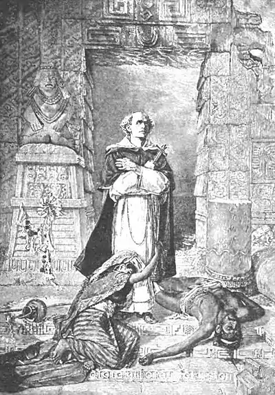 "Las Casas Protecting the Aztecs" (image of a priest standing in prayer with arms crossed and holding a cross in his left hand. Aztecs lying around him.