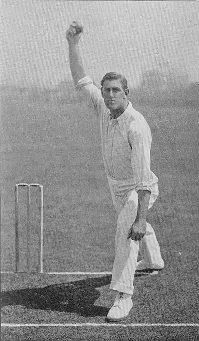 Ranji 1897 page 105 S. M. J. Woods in the act of delivery.jpg