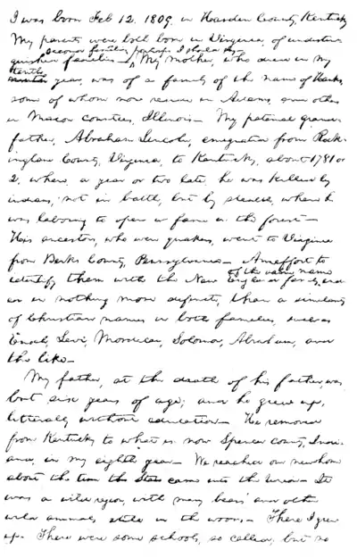 Recollections of Abraham Lincoln - Letter to Jesse W. Fell Page 1.png