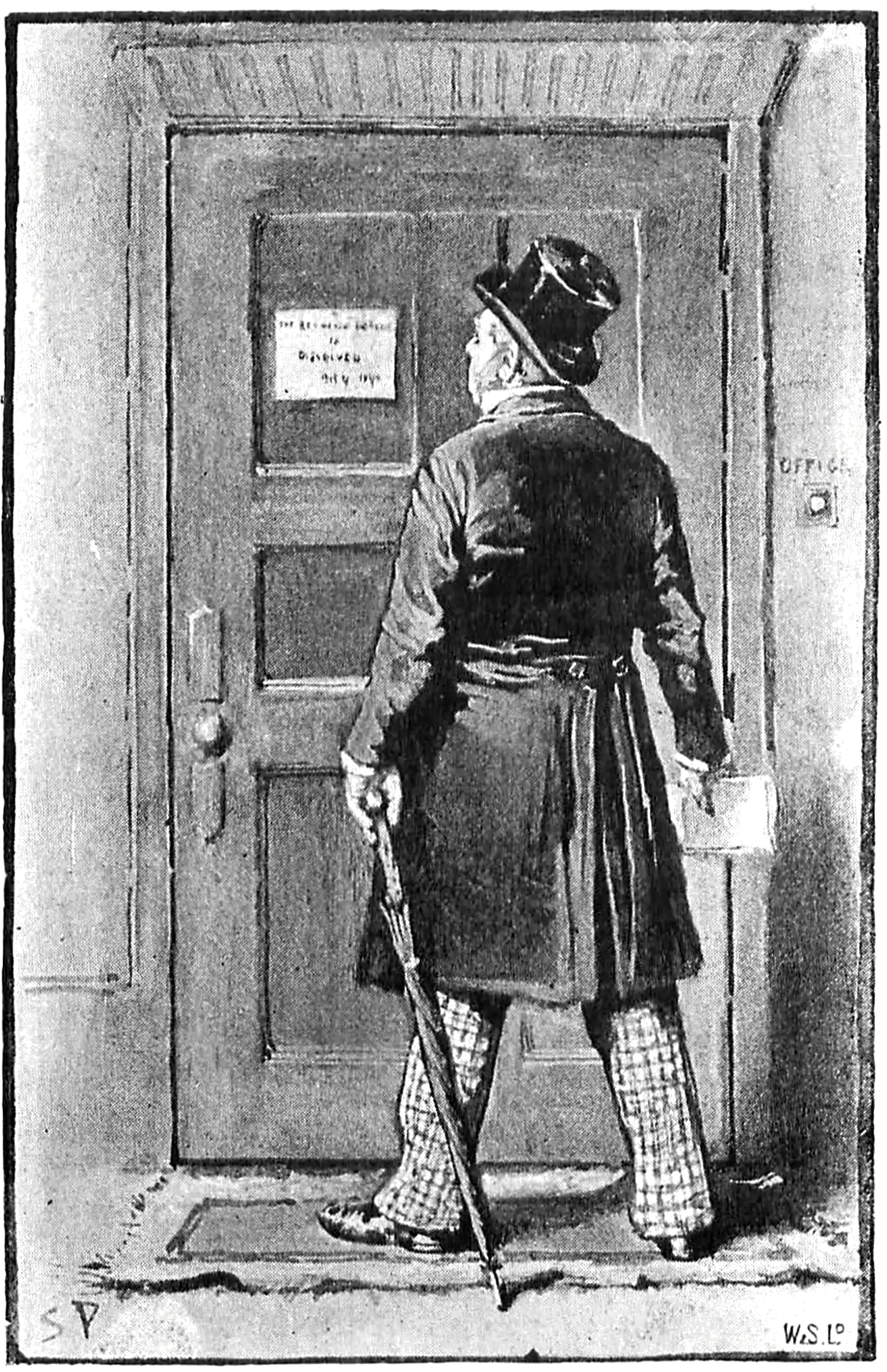 A person looking at a shut door with a note attached to it