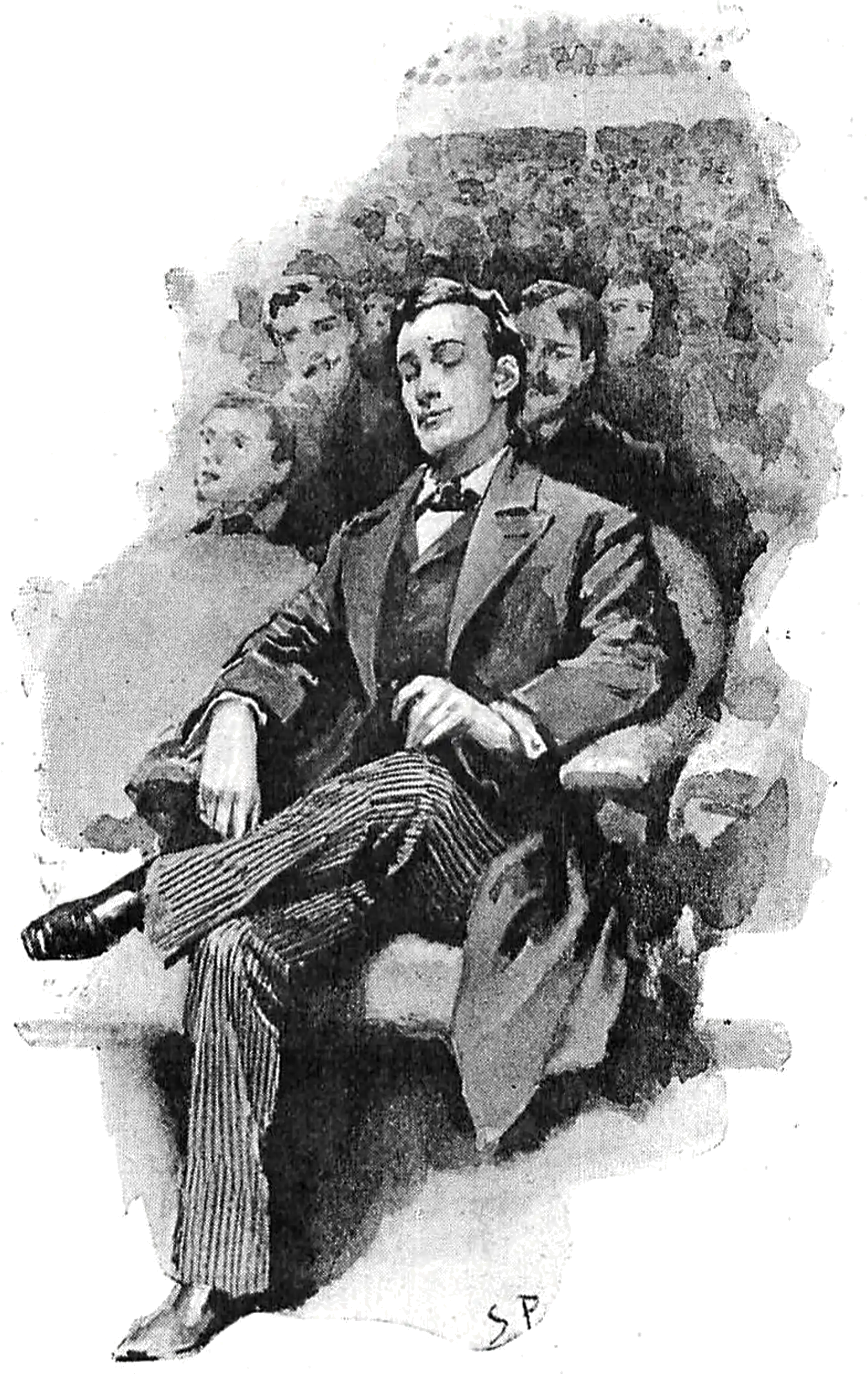 A person sitting with eyes closed and one leg crossed over the other; in the background there are other people in seats