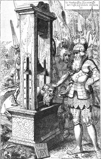 Titus Manlius filium sine ejus jussu cum hoste pugnantem obtruncavit.png