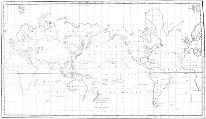 Fold-out world map with some coastlines still vague, with tracks of the expedition ships