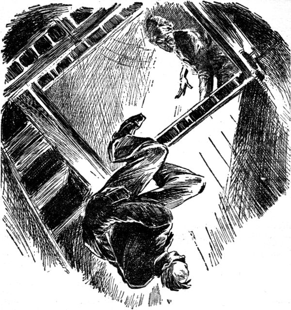 Black and white illustration of a man falling; with a turbaned man above him.
