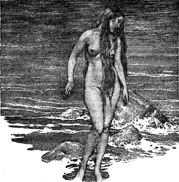 Black and white drawing of a naked woman walking along the sea shore.