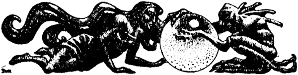 Illustration of a short creature inviting a supine woman to look into a crystal ball.