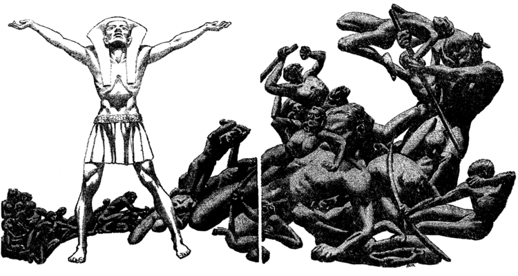 Black and white illustration of a man in Egyptian costume with his eyes raised to the sky and his arms raised.  Behind and to the side of him is a mass of other figures.