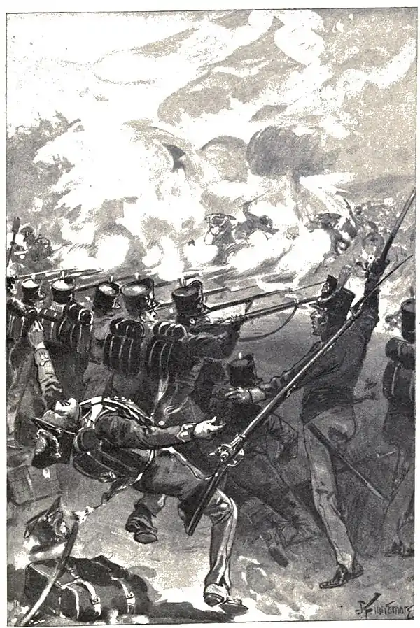 firing line of soldiers with firearms raised to shooting position and bayonets fixed, one soldier falling, presumably shot