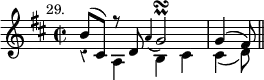 { \relative b' { \key d \major \time 2/2 \mark \markup \small "29." \override Score.Rest #'style = #'classical
<< { b8^( cis,) r d \grace a'4_( g2)\prall\turn | g4^( fis8) } \\
{ r4 a, b cis | cis4_( d8) \bar "||" } >> } }