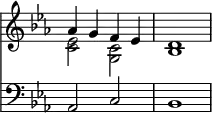 { \override Score.TimeSignature #'stencil = ##f \time 4/4 \key ees \major << \relative a' << { aes4 g f ees d1 } \\ { <ees c>2 <c g> bes1 } >>
\new Staff { \clef bass \key ees \major aes,2 c bes,1 } >> }