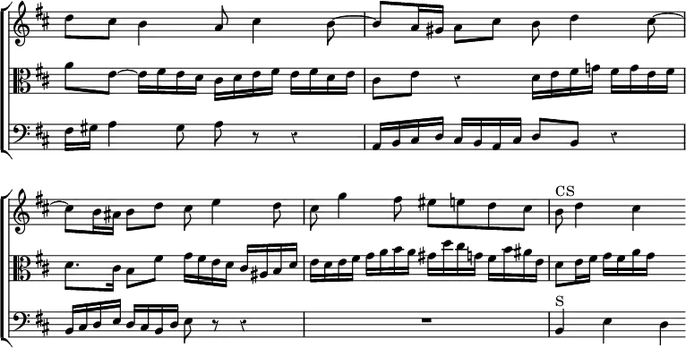 \new ChoirStaff << \override Score.TimeSignature #'stencil = ##f \override Score.Rest #'style = #'classical \override Score.BarNumber #'break-visibility = #'#(#f #f #f)
\new Staff \relative d'' { \key d \major \time 4/4
d8 cis b4 a8 cis4 b8 ~ | b a16 gis a8 cis b d4 cis8 ~ |
cis b16 ais b8 d cis e4 d8 |
cis g'4 fis8 eis e d cis | b^"CS" d4 cis s8 }
\new Staff \relative a' { \clef alto \key d \major
a8 e ~ e16 fis e d cis d e fis e fis d e |
cis8 e r4 d16 e fis g! fis g e fis |
d8. cis16 b8 fis' g16 fis e d cis ais b d |
e d e fis g a b a gis d' cis g fis b ais e |
d8 e16 fis g fis a g s4 }
\new Staff \relative f { \clef bass \key d \major
fis16 gis a4 gis8 a r r4 | a,16 b cis d cis b a cis d8 b r4 |
b16 cis d e d cis b d e8 r r4 | R1 | b4^"S" e d } >>