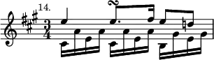 { \relative e'' { \key a \major \time 3/4 \mark \markup \small "14."
<< { e4 e8.\turn fis16 e8 d! } \\
{ cis,16 a' e a cis, a' e a b, gis' e gis } >> } }