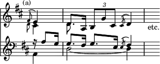 { << \new Staff \relative f' { \key d \major \override Score.TimeSignature #'stencil = ##f \time 3/4 \mark \markup \small "(a)" \partial 4
  << { \grace fis8^( e4) | d8. a16 \tuplet 3/2 { b8 g' cis, } \acciaccatura cis8 d4 | s_"etc." } \\
     { \grace { \stemDown d8 } cis4 d8. } >> }
\new Staff \relative a { \key d \major \clef bass
  << { r16 a8 g16 | g8. fis16 g8.[ e16] \acciaccatura e8 fis4 | s } \\
     { a,4 | d2 _~ d4 } >> } >> }