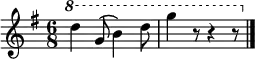 
{ \new Staff <<
  \set Staff.midiInstrument = #"recorder"
  \clef treble \time 6/8 \key g \major
  \relative c''' {
    \set Staff.ottavationMarkups = #ottavation-ordinals
    \ottava #1
    d4 g,8 (b4) d8 | (g4) r8 r4 r8 \bar "|."
  }
>> }
