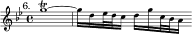 { \mark "6." \time 4/4 \key g \minor \relative g'' {
g1\trill ~ | g16 d ees32 d c16 d g c,32 bes a16 } }