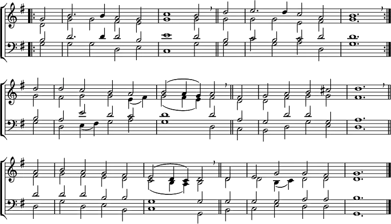 
\new ChoirStaff <<
  \new Staff { \clef treble \time 4/2 \key g \major \partial 2 \set Staff.midiInstrument = "church organ" \omit Staff.TimeSignature \set Score.tempoHideNote = ##t \override Score.BarNumber  #'transparent = ##t 
  \relative c''
  << { \bar".|:" g2 | b2. b4 a2 g | c1 b2 \breathe \bar"||" d | e2. d4 c2 a b1. \breathe \bar":|." \break
     d2 | d c b a | b( a4 g) a2 \breathe \bar"||" fis | g a b cis | d1. \breathe \bar"||" \break
     a2 | b a g fis | e( d4 c) d2 \breathe \bar"||" d | e g g fis | g1. \bar"|." } \\
  { d2 | g g fis e | g1 g2 g | g g e fis | g1.
  g2 | fis g g e4( fis) | g2( fis4 e) fis2 d | d fis g g | fis1.
  fis2 | g fis e d | c( b4 a) b2 d | d b4( c) d2 d | d1. } >>
  } 
\new Staff { \clef bass \key g \major \set Staff.midiInstrument = "church organ" \omit Staff.TimeSignature
  \relative c'
  << { b2 | d2. d4 d2 b | e1 d2 b | c b c d | d1.
     b2 | a e' d c | d1 d2 a | g d' d g, | a1.
     d2 | d d b b | g1 g2 g | g g a a | b1. } \\
  { g2 | g g d e | c1 g'2 g | c g a d, | g1. 
  g2 | d e4( fis) g2 a | g1 d2 c | b d g e | d1.
  d2 | g d e b | c1 g2 b | c e d d | g,1. } >>
  } 
>>
\layout { indent = #0 }
\midi { \tempo 2 = 69 }
